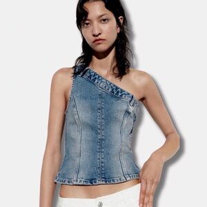 Zara Denim One Shoulder Corset Top Asymmetrical Bustier NWT Sz. Medium